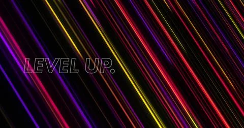 Image of level up text over multicolored falling lines against black background Stock Photos