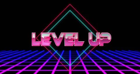 Image of level up text over neon lines on black background Stock Illustration