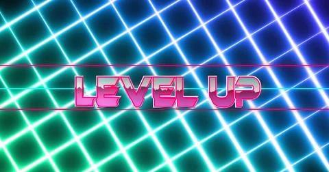 Image of level up text over neon lines on black background Stock Illustration