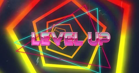 Image of level up text over neon shapes on black background Stock Photos