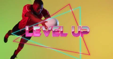 Image of level up text over neon pattern african american rugby player 写真素材