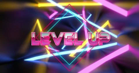 Image of level up text over neon lines Stock Photos