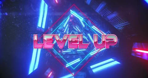 Image of level up text over neon pattern background Stock Photos