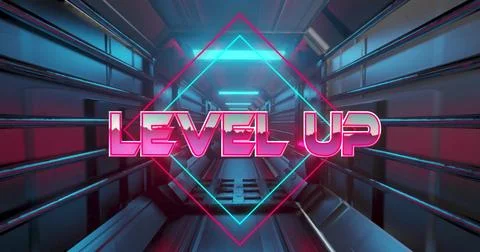 Image of level up text over neon pattern background Stock Photos