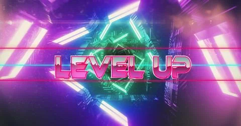 Image of level up text over neon pattern background Stock Photos