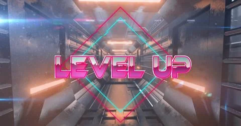 Image of level up text over neon pattern background Foto stock