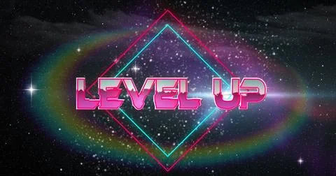 Image of level up text over neon pattern background Foto stock