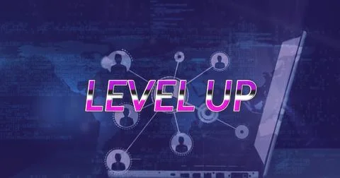 Image of level up text over network of connections and data processing Ilustración de archivo