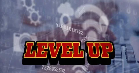 Image of level up text over numbers, digital icons and data processing Stock Illustration