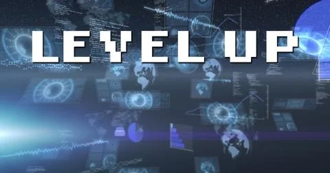 Image of level up text over scope scanning and data processing Illustrazione stock