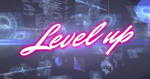 Image of level up text over scope scanning and data processing 스톡 일러스트