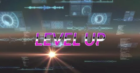 Image of level up text over scope scanning and data processing Illustrazione stock