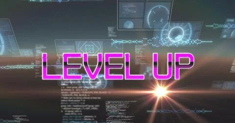 Image of level up text over scope scanning and data processing イラスト素材