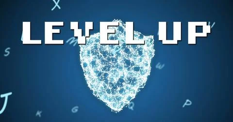 Image of level up text over security shield and letters 스톡 일러스트