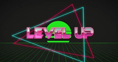 Image of level up text over triangles and grid pattern against sun on gray .. 스톡 사진