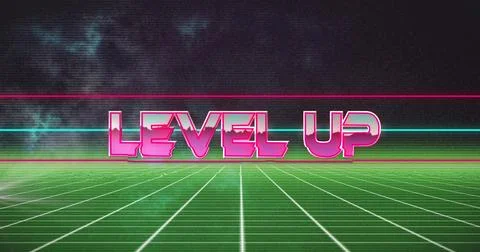 Image of level up text over white lines on black background Stock Photos