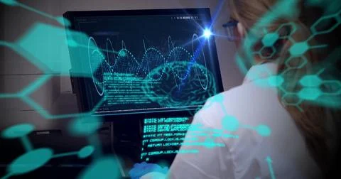 Image of light and medical data processing over caucasian female scientist Photos