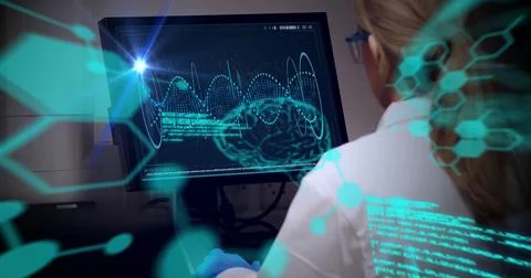 Image of light and medical data processing over caucasian female scientist Photos