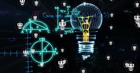 Image of light bulb with ai icons over mathematical equations on blue background Illustrazione stock