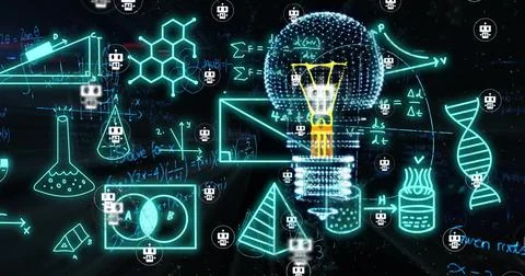 Image of light bulb with ai icons over mathematical equations on blue background Illustrazione stock
