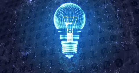 Image of light bulb and binary coding data processing Foto stock