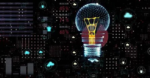 Image of light bulb and digital data processing over dark background 스톡 사진