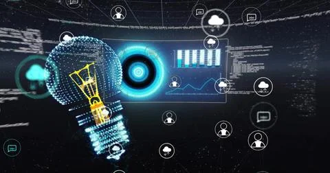 Image of light bulb and digital data processing over dark background Stock Photos