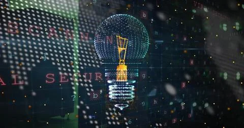 Image of light bulb and digital data processing over dark background 스톡 사진