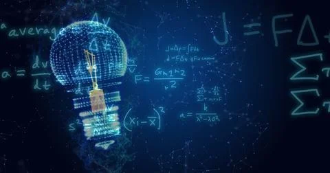 Image of light bulb and mathematical data processing Foto stock