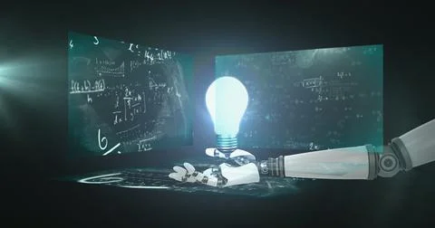 Image of light bulb and robotic hand over mathematical equations on black Stock Illustration