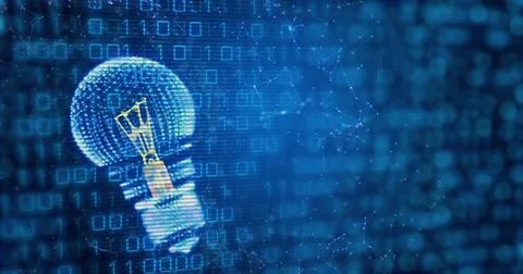 Image of light bulb, binary coding and data processing 스톡 사진