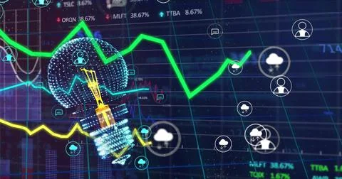 Image of light bulb, cloud icons and data processing Foto stock