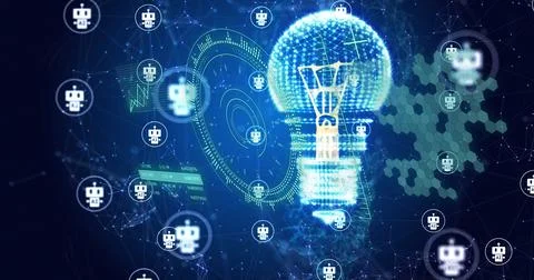 Image of light bulb, connections with chat bot icons and data processing Stock Photos