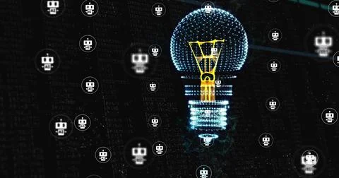 Image of light bulb, connections with chatbot icons and data processing Stock Photos