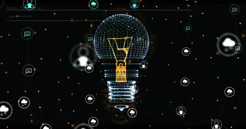 Image of light bulb, connections with cloud icons and data processing Stock Photos