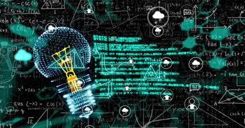 Image of light bulb with icons over mathematical equations on blue background Stock Illustration