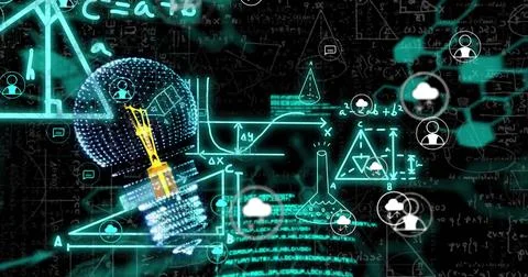 Image of light bulb with icons over mathematical equations on blue background Stock Illustration