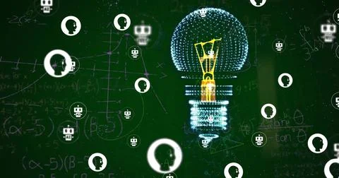 Image of light bulb with icons over mathematical equations on green background Stock Illustration