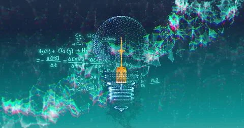 Image of light bulb with network of connections over mathematical equations on Illustrazione stock
