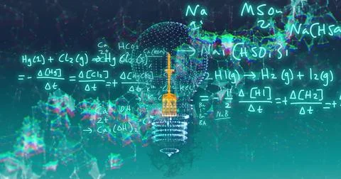 Image of light bulb with network of connections over mathematical equations on Stockillustratie