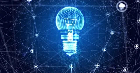 Image of light bulb spinning with network of connections on blue background Illustrazione stock