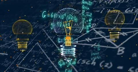 Image of light bulbs over mathematical equations on blue background Stockillustratie