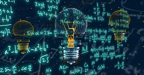 Image of light bulbs over mathematical equations on blue background 库存插图