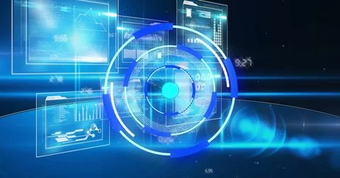 Image of light moving over processing circle on scientific graph and data Illustrazione stock