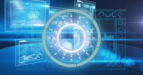 Image of light moving over processing circle on scientific graph and data Stock Illustration