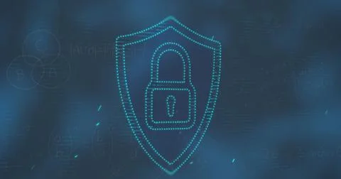 Image of light over digital padlock and math formulas on navy background Stock Photos