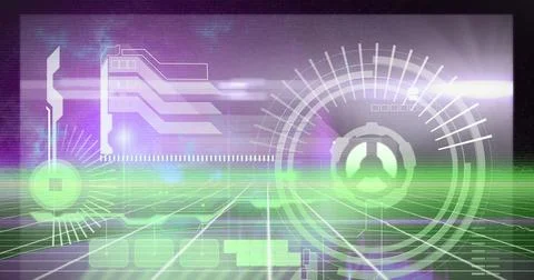 Image of light over digital screen with diverse data Stockfoto's