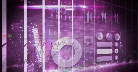 Image of light over digital screen with diverse data Foto stock