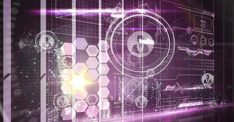 Image of light over digital screen with diverse data 写真素材