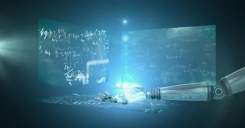 Image of light over robot's arm and data processing on screens 库存插图